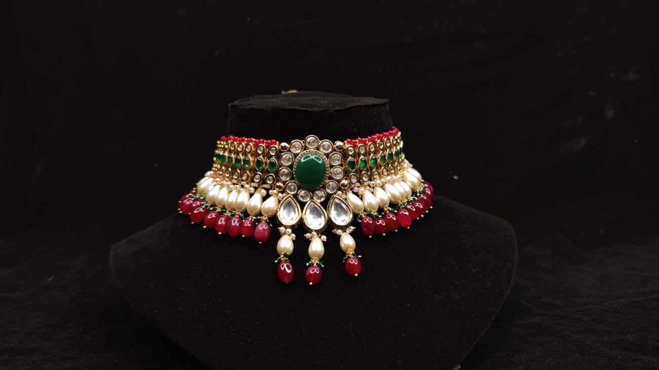 Gold Plated Red & White Pearl Choker Set