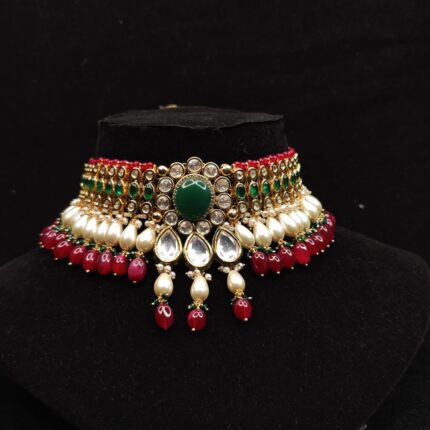 Gold Plated Red & White Pearl Choker Set