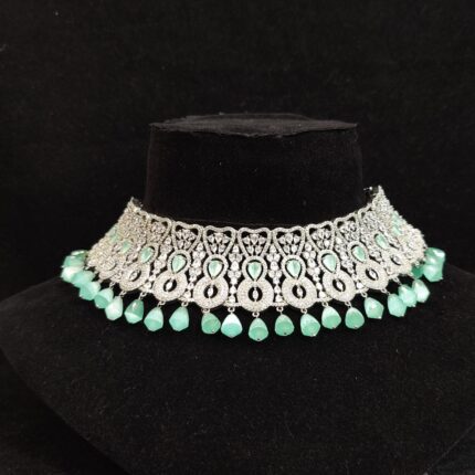 Heart Shaped Indowestern look Green American Diamond Choker Set